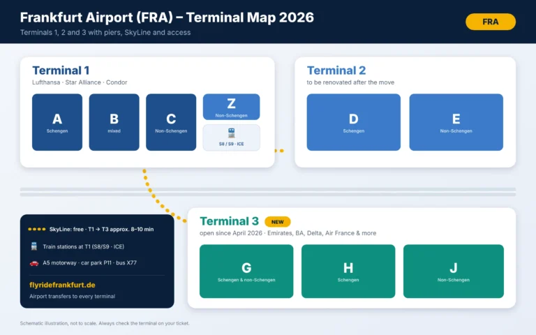 Frankfurt Airport terminal map 2026 with Terminal 1, 2 and 3