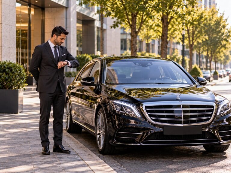 Chauffeur wartet stundenweise vor dem Bürogebäude
