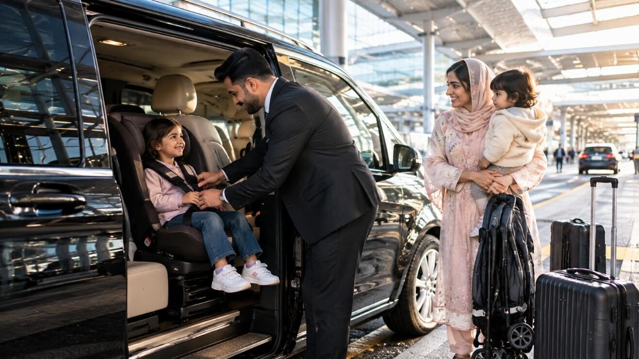 ڈرائیور پاکستانی بچی کو مرسڈیز وین میں چائلڈ سیٹ پر بٹھاتے ہوئے، ماں چھوٹے بچے کے ساتھ