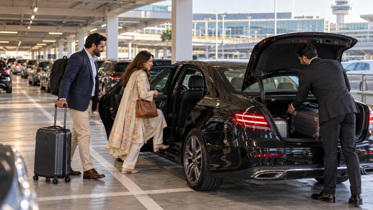 فرینکفرٹ ایئرپورٹ پارکنگ میں ڈرائیور پاکستانی جوڑے کا سامان مرسڈیز میں رکھتے ہوئے