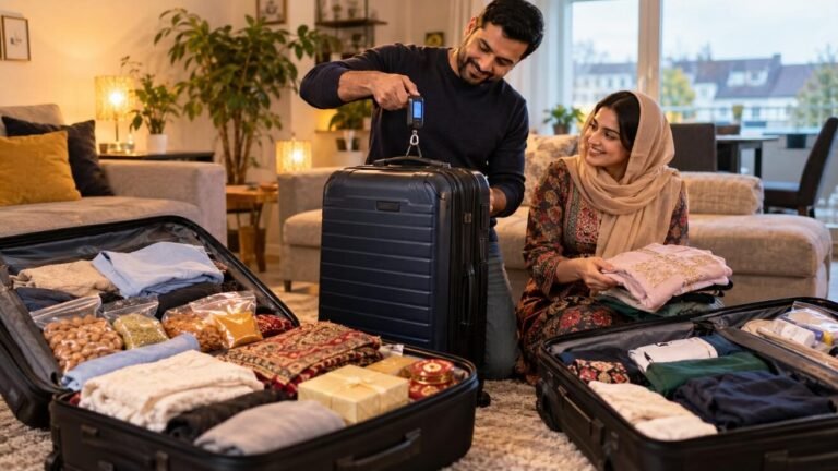 جرمنی میں پاکستانی جوڑا پاکستان کے سفر سے پہلے سوٹ کیس کا وزن کرتے ہوئے