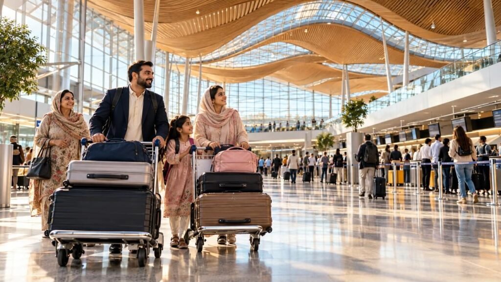 فرینکفرٹ کے نئے ٹرمینل 3 میں سامان کی ٹرالی کے ساتھ پاکستانی فیملی