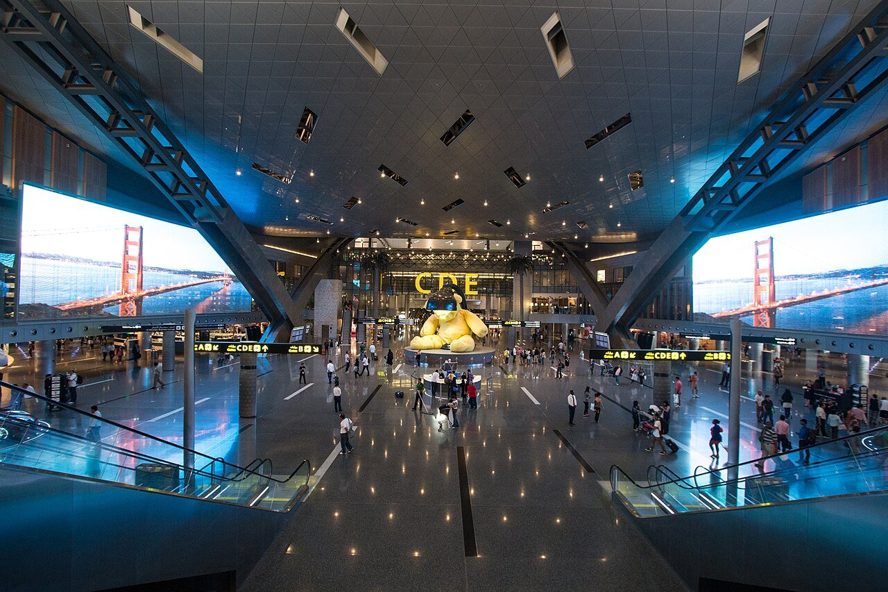 The 'Lamp Bear' sculpture in the Hamad International Airport duty-free hall