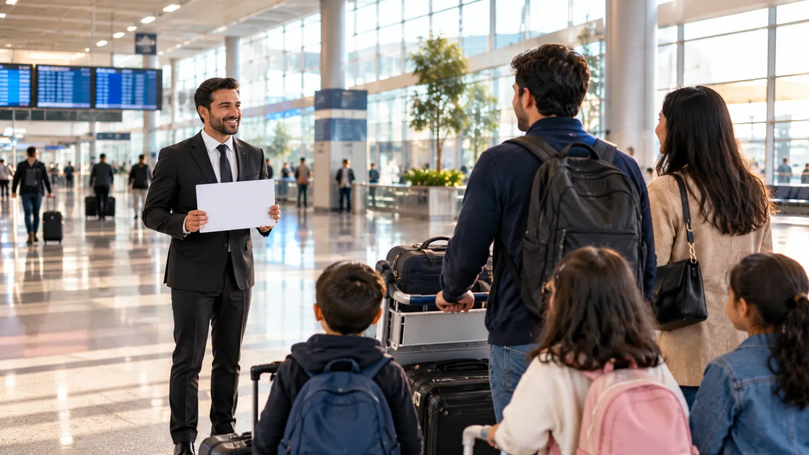 Chauffeur mit Namensschild begrüßt eine Familie in der Ankunftshalle – Abholung am Terminal 3 Frankfurt