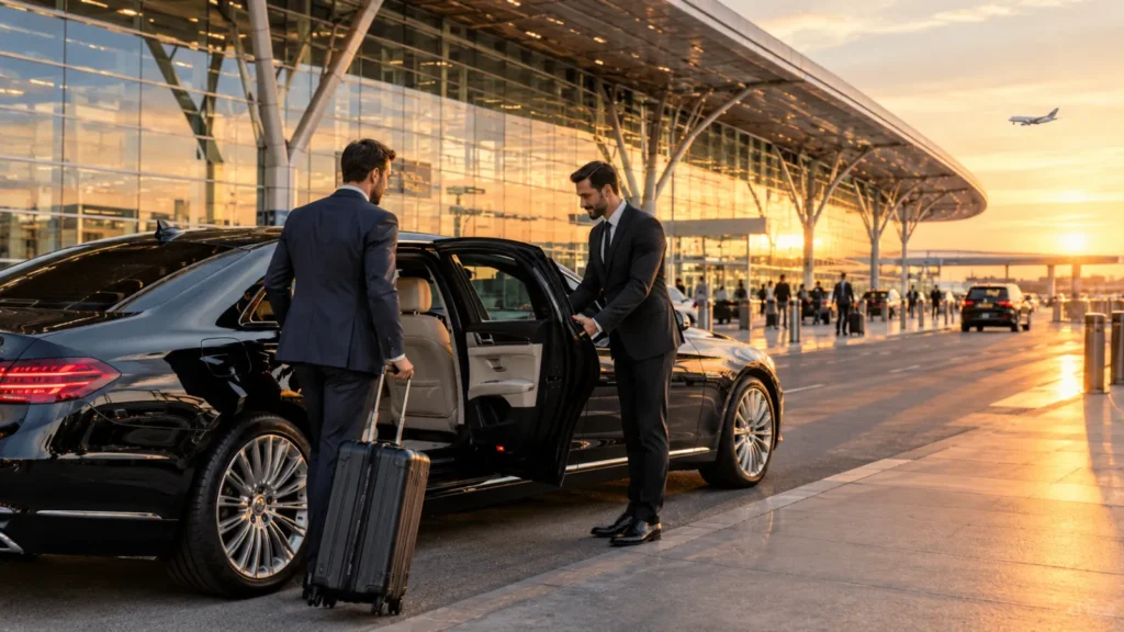 Chauffeur öffnet die Tür einer schwarzen Limousine am Terminal – Transfer zum Terminal 3 Frankfurt